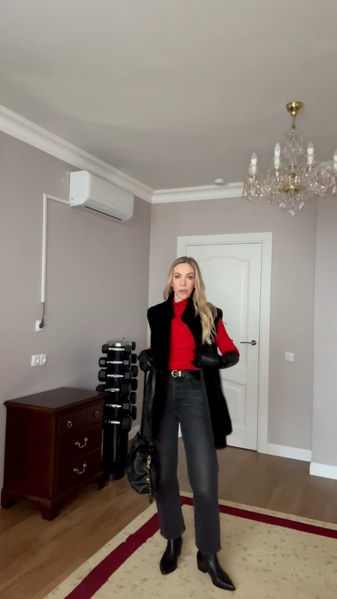 Black and red holiday outfit, black fur vest, red turtleneck, Levi’s black jeans, black leather gloves, Loewe Flamenco handbag 

#LTKootd #LTKFindsUnder100 #LTKHoliday