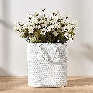 Elegant White Petite Vase, 8 inch Ceramic Modern Minimalism Basket Vase with Hanging Rope, Creati... | Amazon (US)