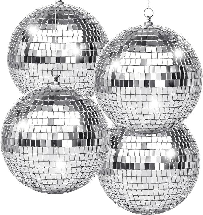 4 Pack Large Disco Ball Silver Hanging Disco Balls Reflective Mirror Ball Ornament for Party Holi... | Amazon (US)
