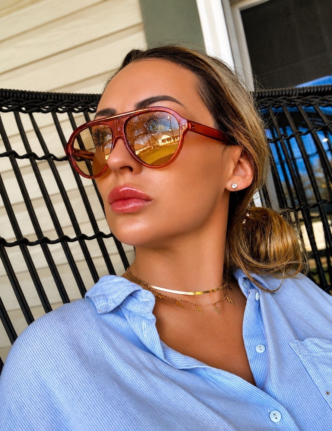 Oversized aviator sunglasses from @Target | casual outfit inspo | gold jewelry | striped button down

#goldjewelry #aviators

#LTKdayinmylife #LTKootd #LTKgrwm