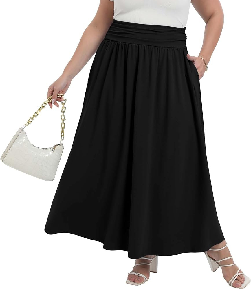 OLRIK Plus Size Maxi Skirt with Pockets 2026 Summer Elastic High Waisted A-Line Flowy Long Skirts | Amazon (US)