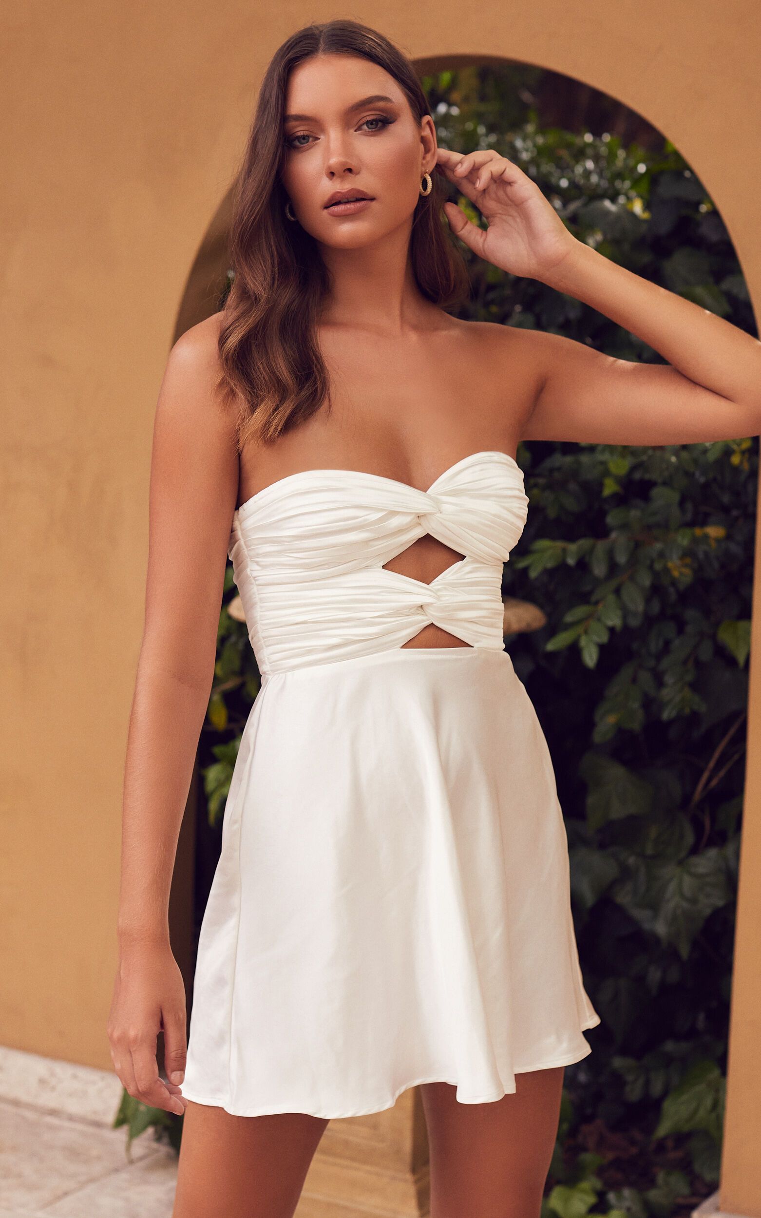 Almaeh Mini Dress - Twist Front Cut Out Strapless Slip Dress in White | Showpo (US, UK & Europe)