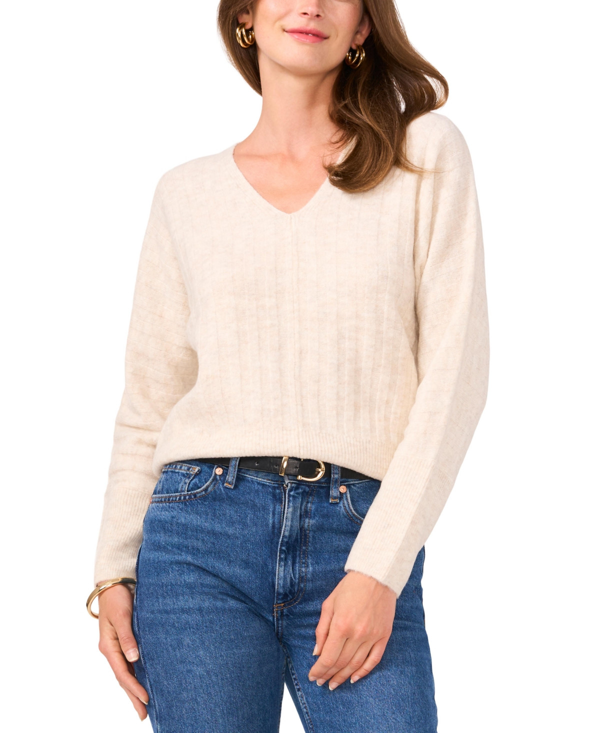Vince Camuto Women's Ribbed V-Neck Dolman-Sleeve Sweater - Malted | Macy's