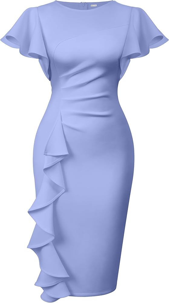 Memoriesea Women's Vintage Church Ruffle Sleeve Ruched Bodycon Work Midi Pencil Dress | Amazon (US)