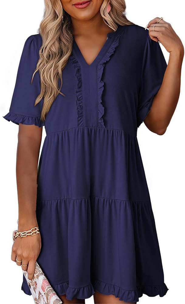 Dokotoo Womens Dresses 2025 Summer Spring V Neck Short Sleeve Casual A Line Flowy Swing Shift Dre... | Amazon (US)