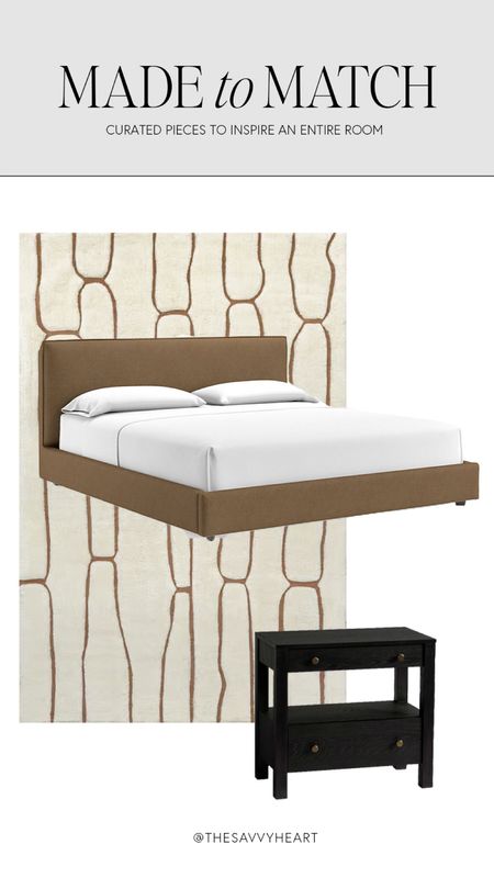 Modern and contemporary bedroom, design with abstract, geometric cream and beige area rug, upholstered platform bed, and two drawer, black nightstands