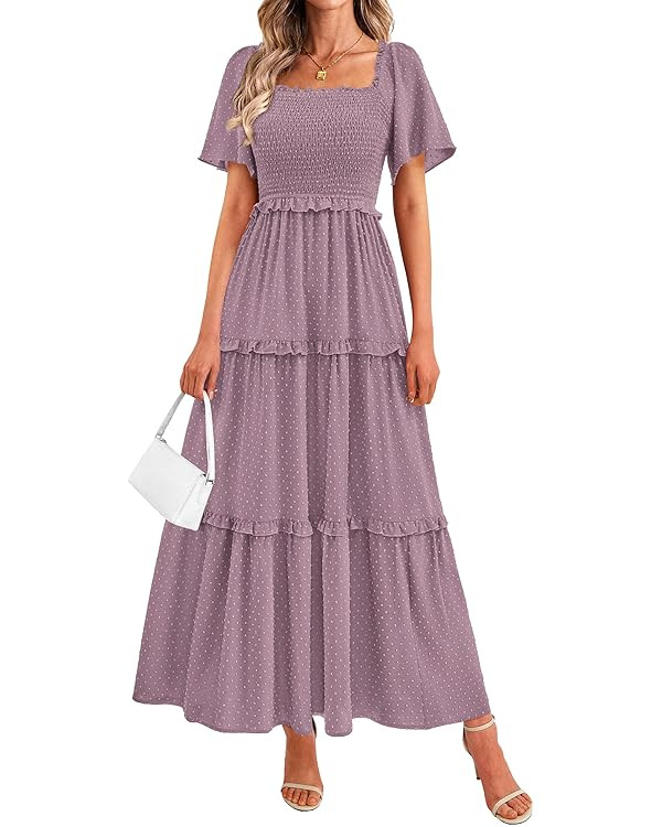 PRETTYGARDEN Summer Dresses for Women 2026 Boho Swiss Dot Smocked Square Neck Short Sleeve Spring... | Amazon (US)