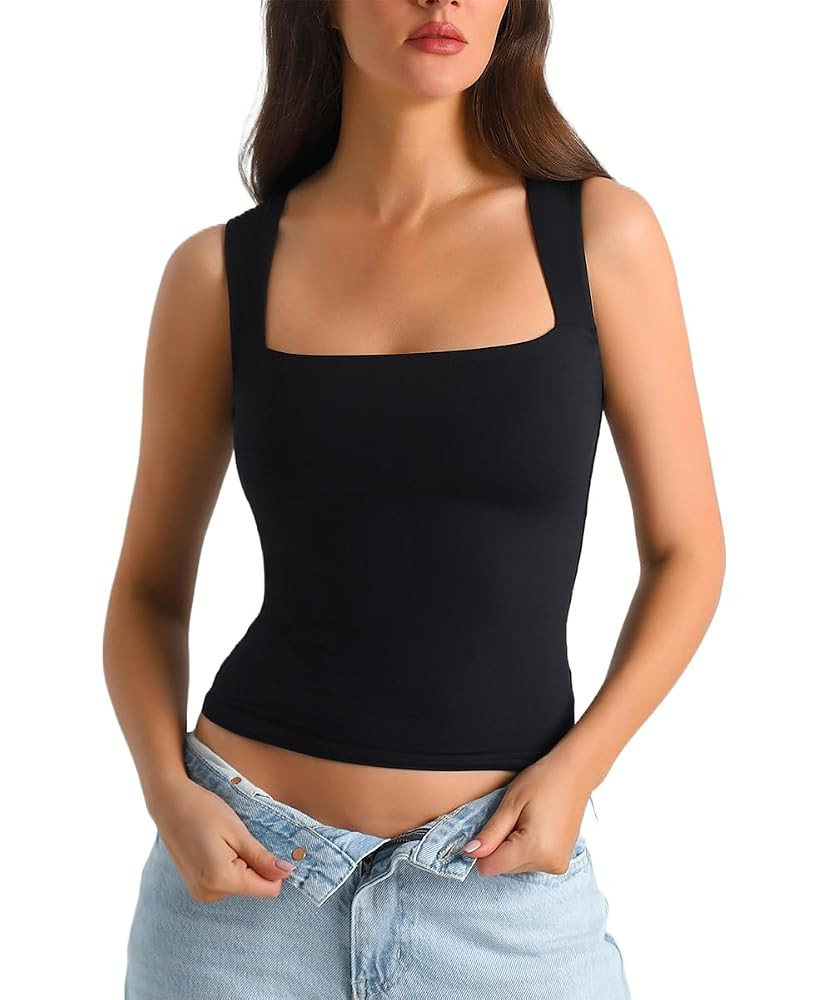 HOYAYO Women's Slim Fit Double-Layer Tank Top Square Neck Sleeveless Basic Fitted Tee Shirt | Amazon (US)