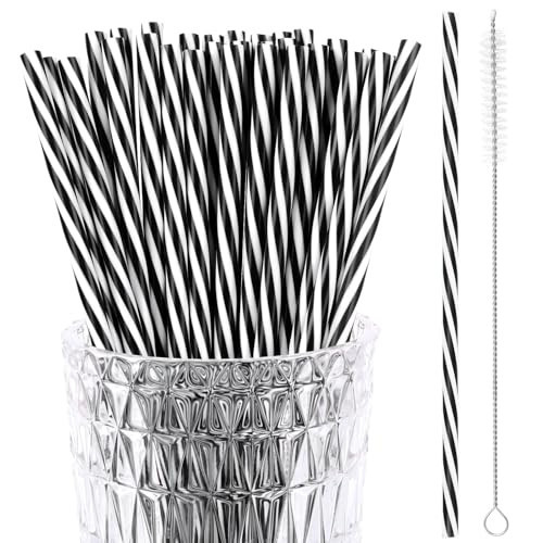 JANYUN 30 Pcs Halloween Straws Plastic, Reusable Black and White Striped 9 Inch Hard Plastic Drinking Straws with Cleaning Brush for Christmas Halloween Birthday Party Supplies Table Decorations | Amazon (US)
