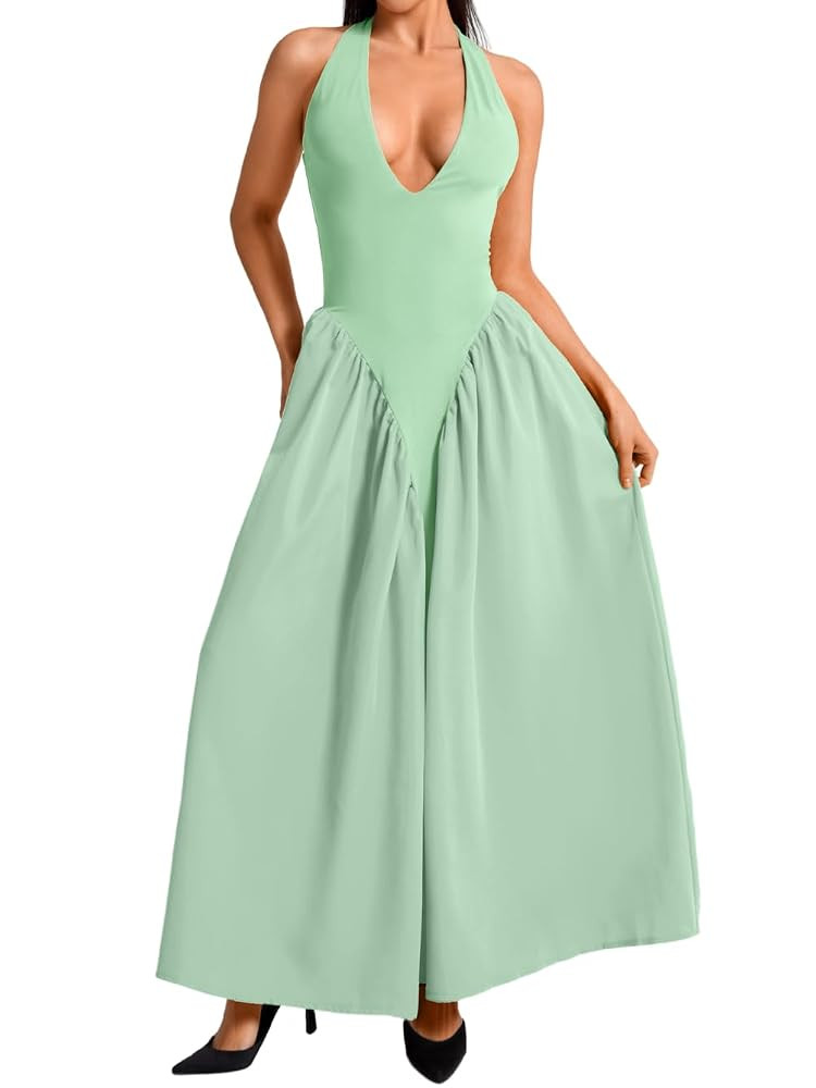 Deep V Neck Dress, Halter Maxi Dresses, Vacation Date Night, Sexy for Women Corset Flowy Wedding ... | Amazon (US)