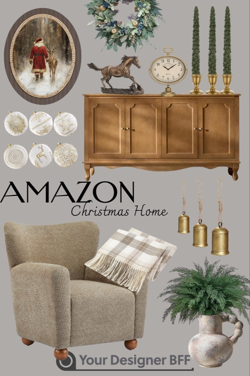 Timeless Christmas styling with an elevated, classic feel. This Amazon holiday home features rich wood tones, refined brass accents, sculptural décor, and soft neutral textures layered for a warm yet sophisticated look. Finished with curated greenery, antique-inspired art, and a plush boucle chair, this space blends traditional holiday charm with understated elegance.

#LTKHoliday #LTKfitnessgoals #LTKHome