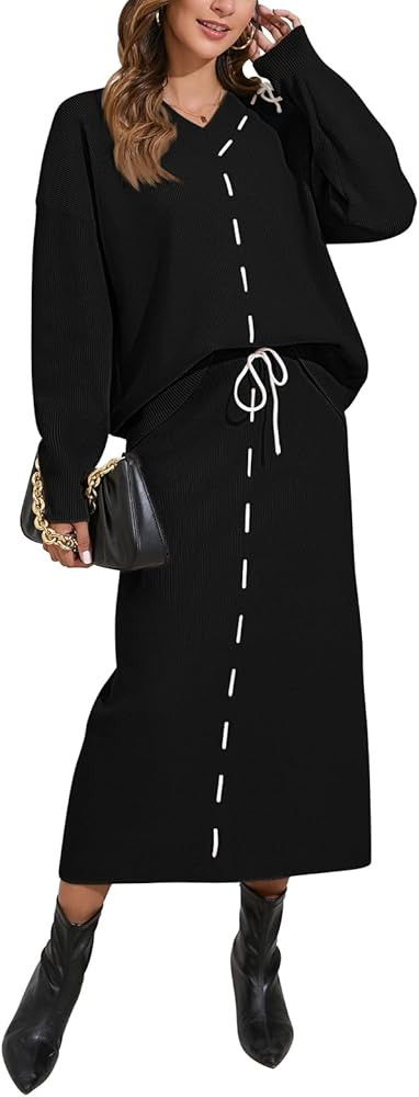 Pink Queen 2024 Women's 2 Piece Sweater Set V Neck Rib Knit Long Sleeve Maxi Bodycon Skirt Casual... | Amazon (US)