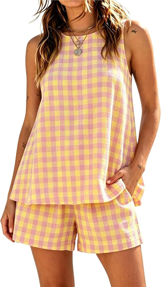 Gozoloma Women's Oversized Gingham 2 Piece Set Crewneck Sleeveless A-Line Top and Relaxed Shorts ... | Amazon (US)