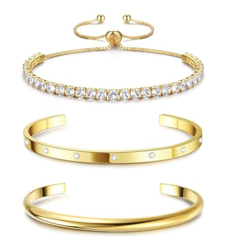 Fansilver 3PCS Gold Bracelets Set - 14K Gold Plated Link, Cuff, Bead Ball, Twisted Chunky Bangle Stackable Bracelets | Amazon (US)