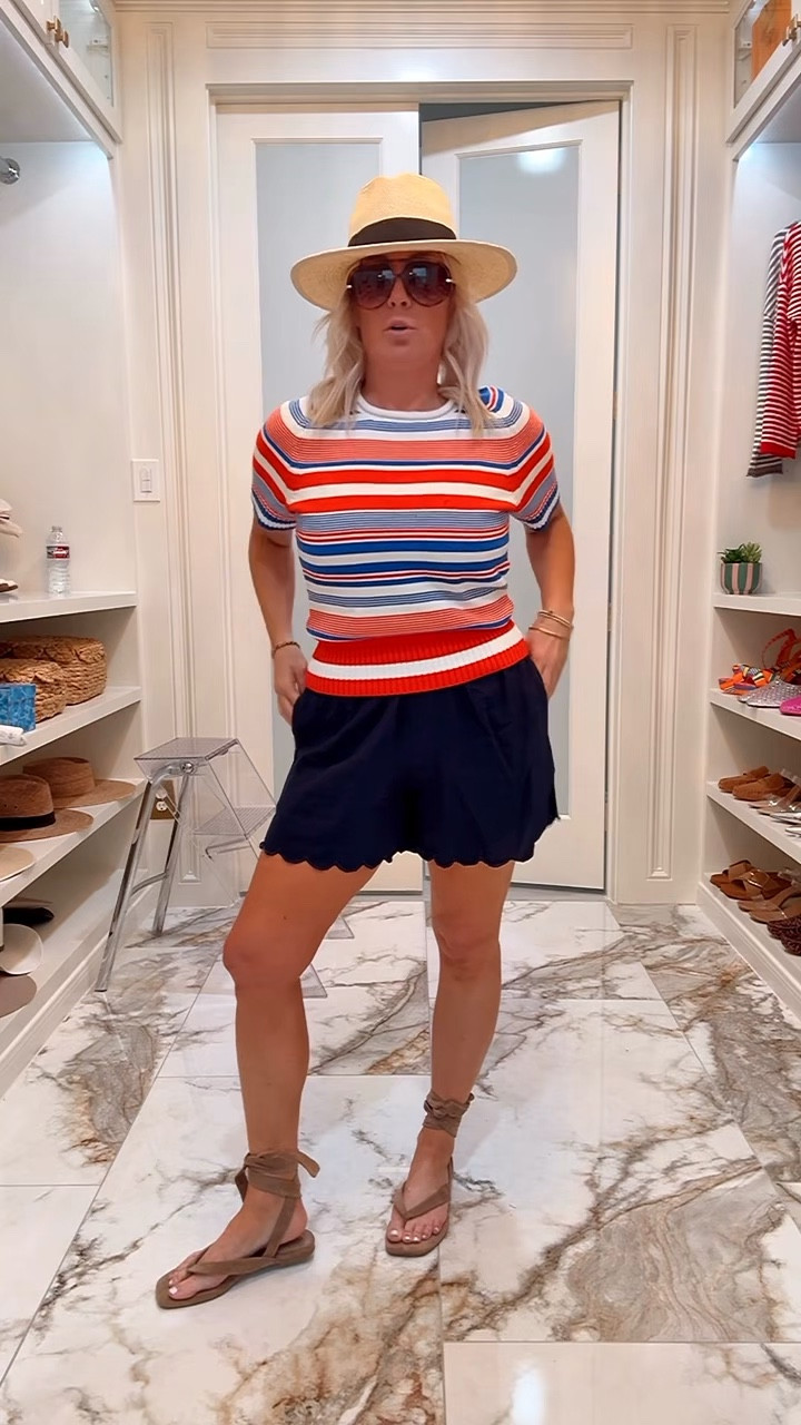 Patriotic red white and blue outfit inspo 
Top and shorts size small . Love these shoes and they’re on sale

#LTKdayinmylife #LTKSeasonal #LTKootd