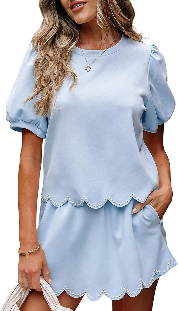 CHARTOU Women Summer Two Pieces Short Sets Puff Short Sleeve Elastic Waist Mini Skorts Matching L... | Amazon (US)