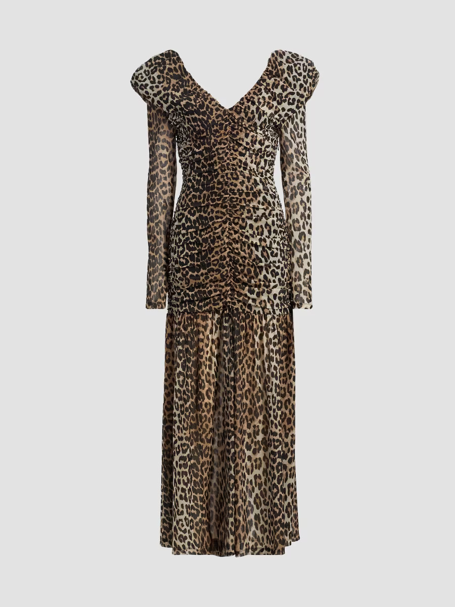 Women's Ruched Leopard Mesh Maxi Dress - Big Leopard Almond Milk - Size 0 | Saks Fifth Avenue