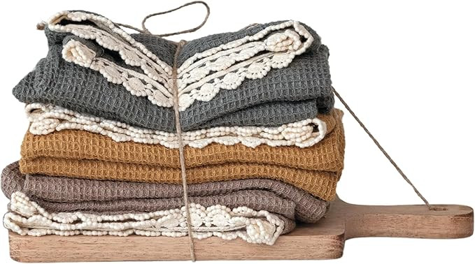 Creative Co-Op Kitchen Cotton Tea Towels on a Mango Wood Board, Multicolor, Set of 3 | Amazon (US)