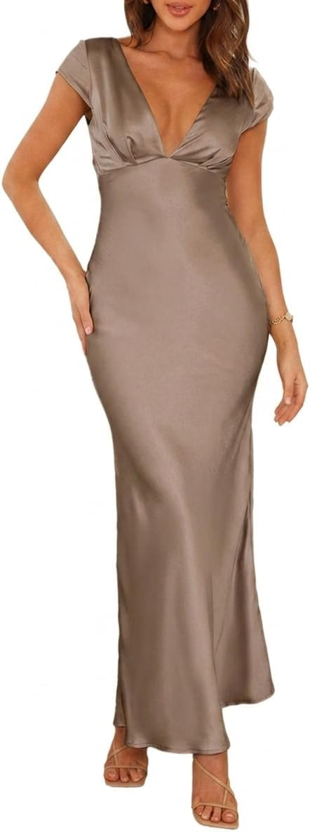 Halfisland Womens Summer Satin V Neck Cap Sleeve Midi Dress Wedding Guest | Amazon (US)