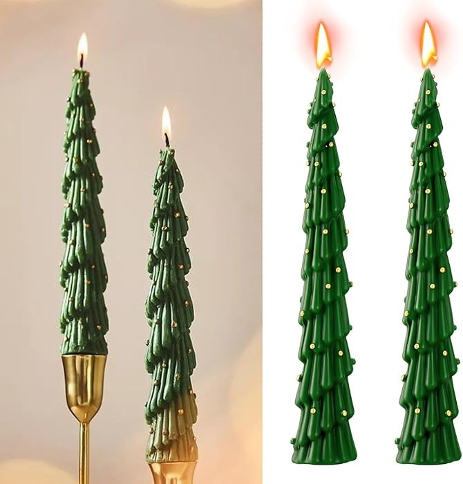 2 Pack Green Christmas Tree Shaped Taper Candles 8 Inch Beautiful Handmade Pillar Scented Soy Wax... | Amazon (US)