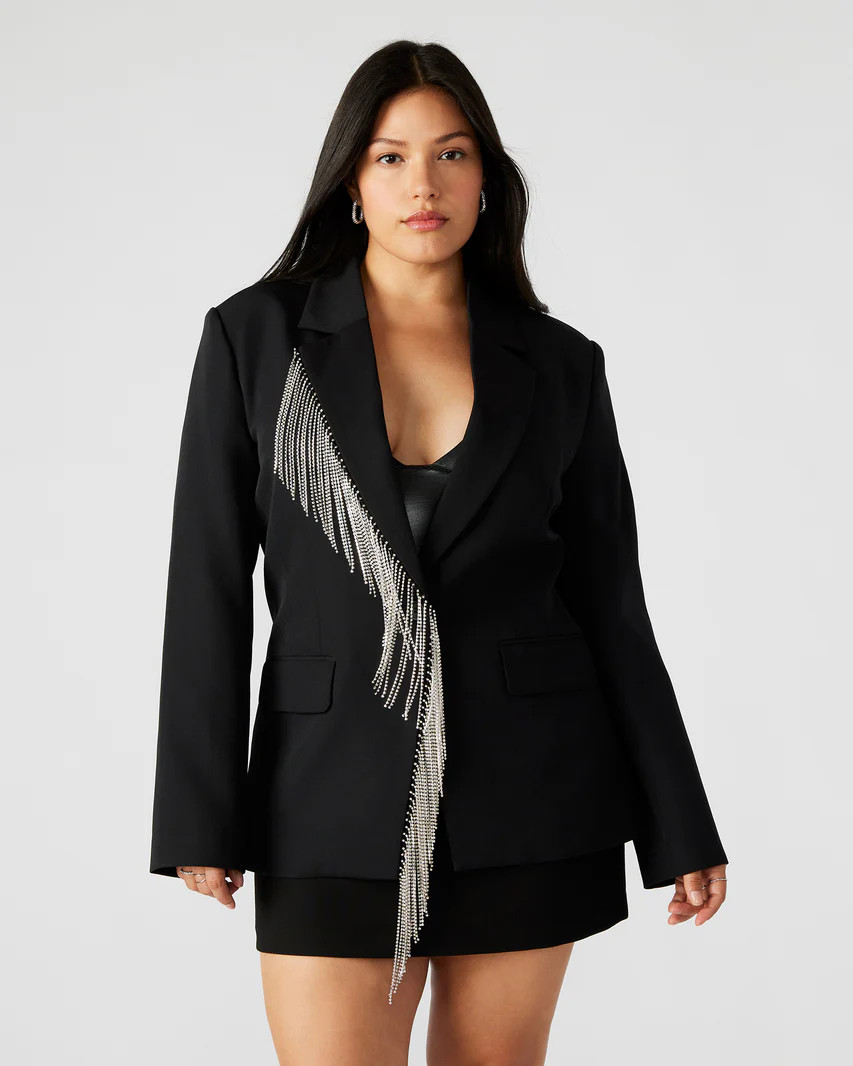 NELLIE Blazer Black | Women's Rhinestone Fringe Blazer | Steve Madden (US)