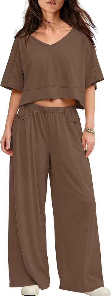 Yanekop Womens Two Piece Lounge Set for Summer Airport Travel Outfit V Neck Crop Tops and Wide Le... | Amazon (US)