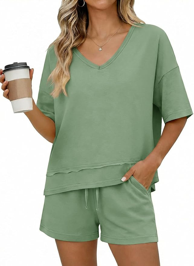 Tankaneo Womens 2 Piece Outfits Shorts Sets Summer Short Sleeve V Neck Tops Elastic Waist Shorts ... | Amazon (US)