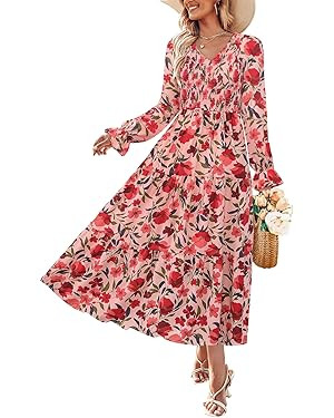 ZESICA Womens Floral Boho Maxi Dress 2026 Spring Summer Casual Long Sleeve V Neck A Line Flowy We... | Amazon (US)