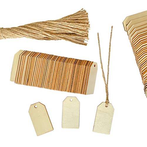 200 Pack 2.2 Inch Wood Tags with Hole and Twine, Clipped Corner Rectangle Wooden Gifts Tag for Crafts Unfinished Labels (1.2x2.2 in) | Amazon (US)