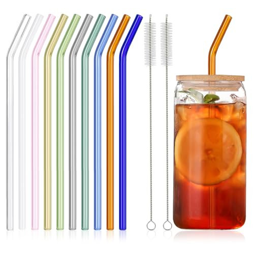 10 Pcs Reusable Bent Glass Straws,9''x8 mm Colorful Glass Straws Shatter Resistant with 2 Cleaner Brush for 16 oz 20 oz Glasses Cups | Amazon (US)