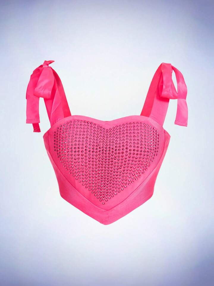 SHEIN ICON Strass Padrão De Coração Amarrar O Ombro Top Cami | SHEIN