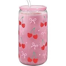 SANDJEST Cherry 16 Oz Can Glass Tumbler with Acrylic Lid and Straw - Iced Coffee Cups for Women, ... | Amazon (US)