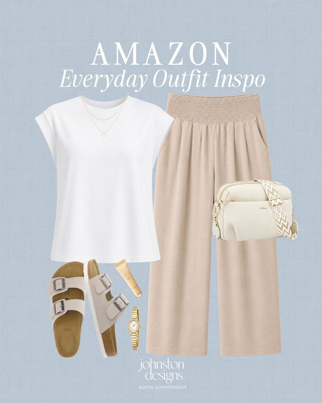 Amazon everyday outfit inspo with easy neutral basics. Love this white tee with relaxed pants, comfy sandals and gold accessories for a simple put together look. 

Amazon outfit inspo, Amazon fashion, everyday outfit, casual outfit idea, neutral outfit, white tee outfit, wide leg pants, relaxed pants, Amazon sandals, everyday style, casual Amazon finds, summer outfit idea, comfy outfit, mom outfit, casual basics, neutral accessories, Amazon style finds, effortless outfit, affordable fashion finds 

 #LTKootd