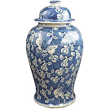 Festcool 19" Antique Finish Blue and White Porcelain Blue Butterfly Temple Ceramic Ginger Jar Vas... | Amazon (US)