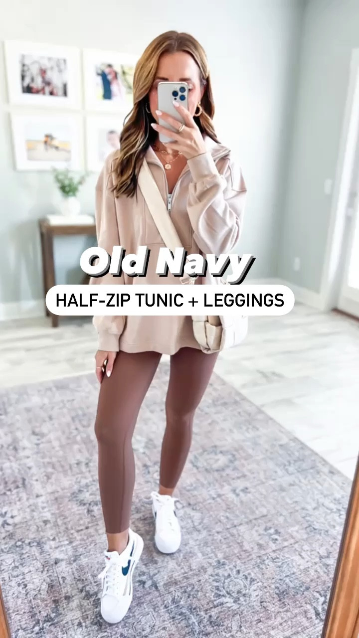 Old Navy half-zip tunic (XS petite). Old Navy power soft leggings (XS petite). Neutral outfit. Fall outfit. Travel outfit. Casual outfit. Nike court legacy lifts (runs a little big, I suggest sizing down half a size - that’s what I did). Amazon quilted purse. 

#LTKunder50 #LTKshoecrush #LTKtravel