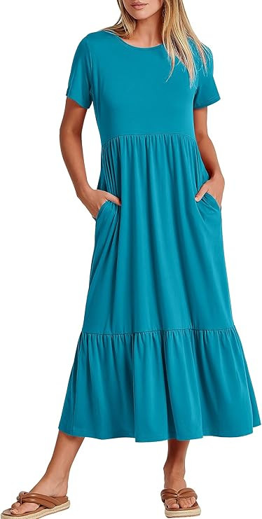 ANRABESS Womens 2026 Summer Casual Maxi Dress A line Tiered Flowy Short Sleeve Crewneck T Shirt B... | Amazon (US)