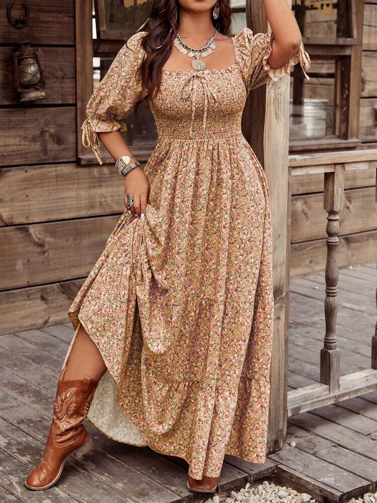EMERY ROSE Plus Size Women's Bohemian Style Vintage Square Neck Romantic Colorful Ditsy Floral Maxi Layered Dress, Vacation | SHEIN