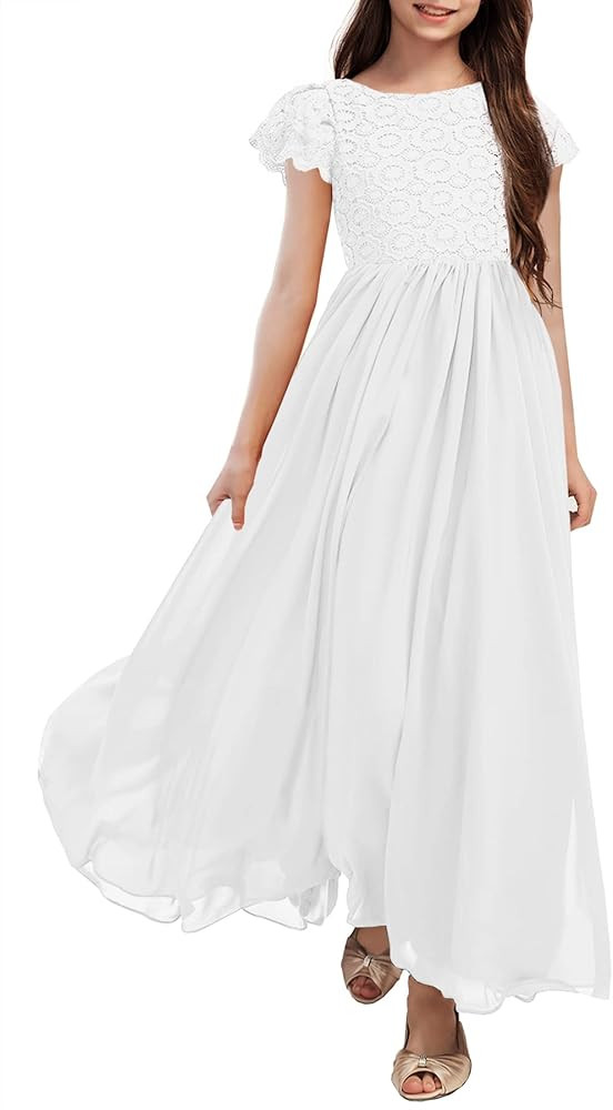 HOSIKA Girls Vintage Chiffon Ruffle Sleeve A-Line Wedding Party Maxi Junior Bridesmaid Dress for ... | Amazon (US)