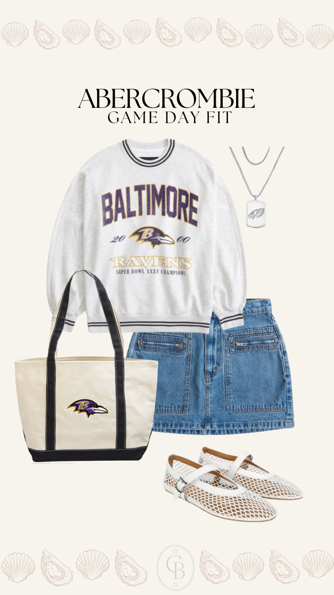 Baltimore ravens sweatshirt, ravens tote bag , and ravens jewelry paired with a denim mini skirt and some mesh flats for a cute game day look for Sunday football outfit 

#LTKFallSale #LTKStyleTip