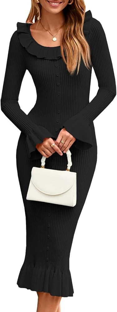 Wenrine Womens Bell Long Sleeve Sweater Dress Casual Ribbed Knit Ruffle Crewneck Decor Button Bod... | Amazon (US)