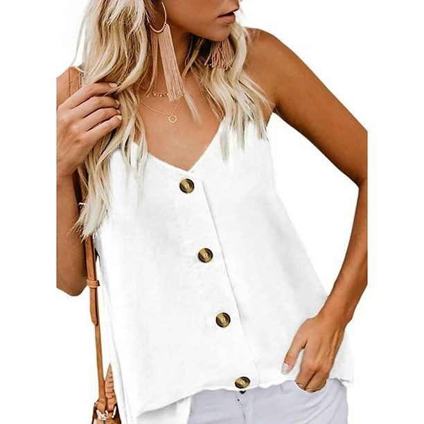 Women's Casual V Neck Spaghetti Strap Button Down Cami Shirt Blouses Tank Tops - Walmart.com | Walmart (US)
