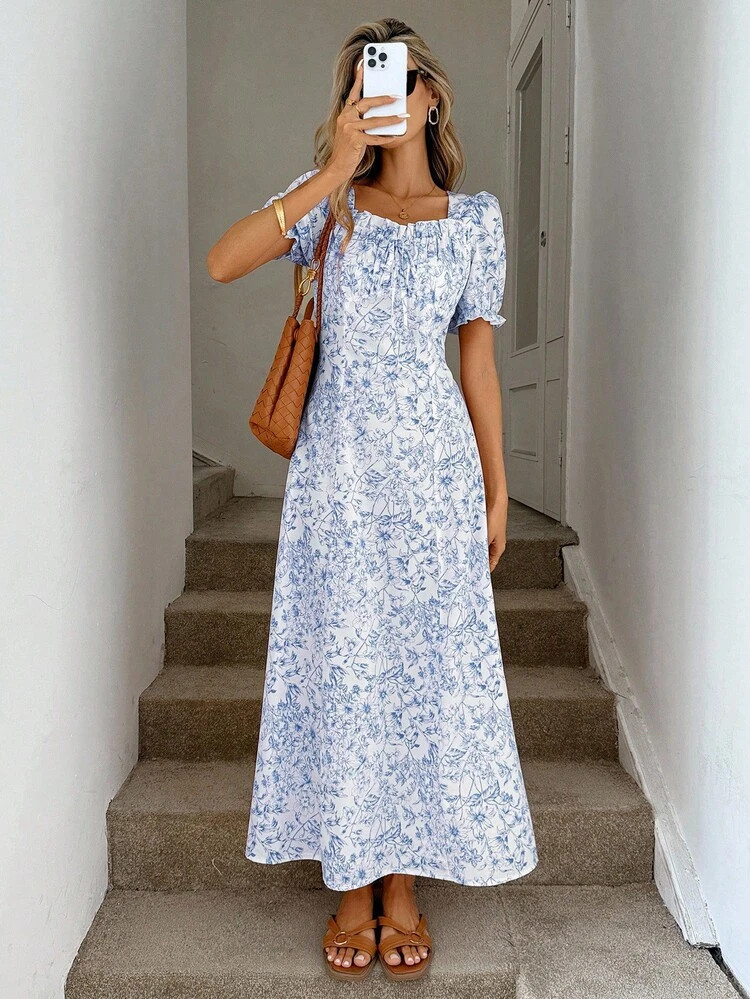 Easowa Ruffled Collar Puff Sleeve Lantern Sleeve Gathered Waist A-Line Spring/Summer Short Sleeve Dress, Vintage Romantic Ditsy Floral Fabric, Casual Resort Elegant Maxi Dress For Women Long Floral Dress Women Casual Long Dress Modest Summer Dress Blue And White Floral Dress Blue And White Dress Women | SHEIN