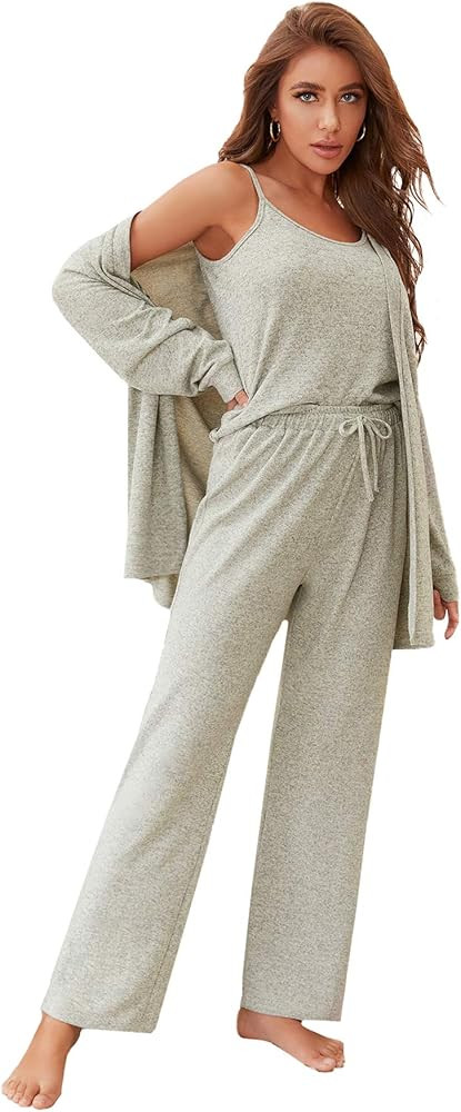 WDIRARA Women's 3 Pieces Sleepwear Cami and Pants Casual Pajama Set with Robe | Amazon (US)