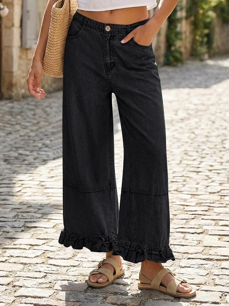 Cicy Bell Womens Ruffle Wide Leg Jeans Cropped Elastic High Waisted Baggy Denim Pants with Pockets Black at Amazon Women's Jeans store | Amazon (US)