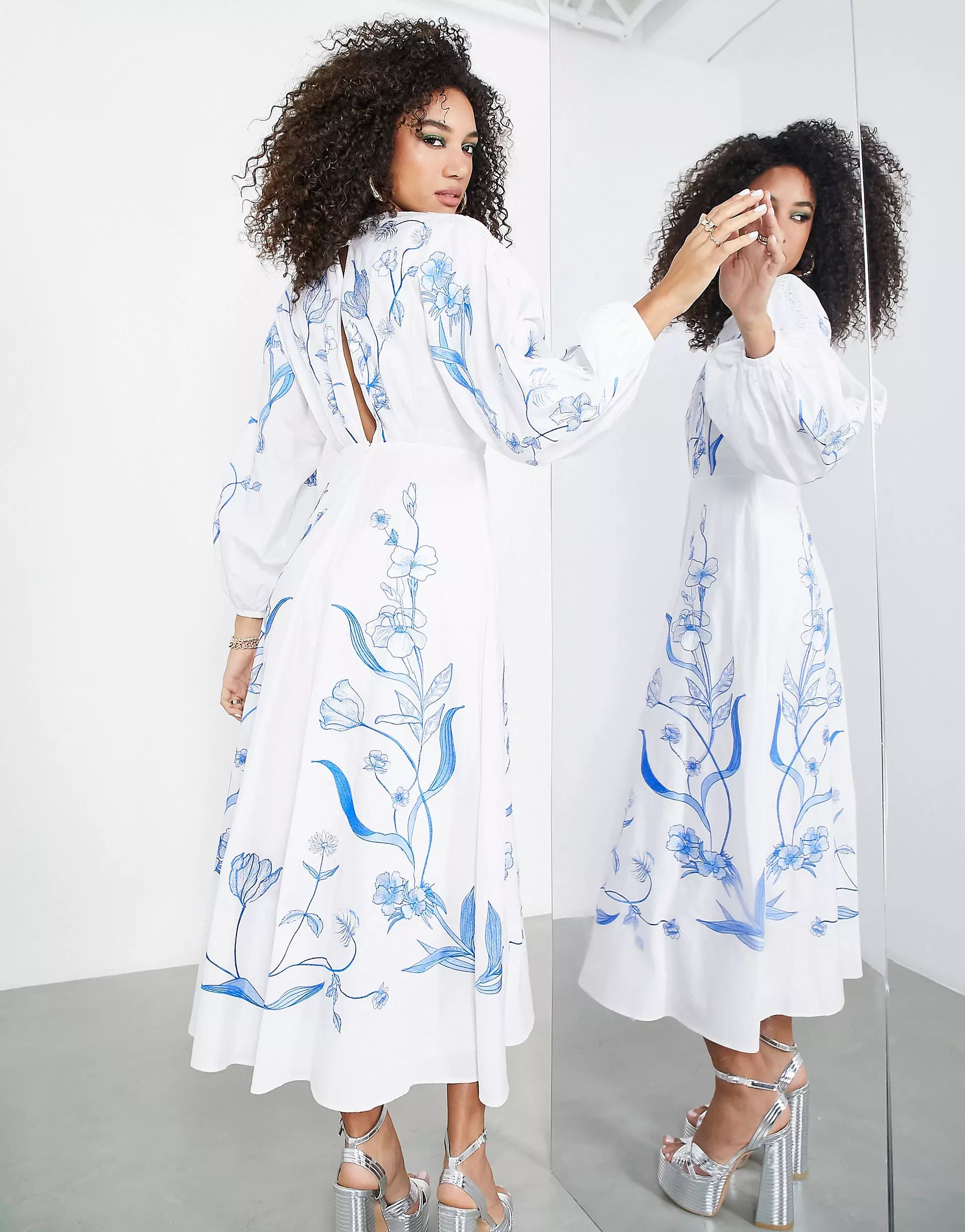 ASOS EDITION large scale floral and leaf embroidered midi dress in white and blue | ASOS (Global)