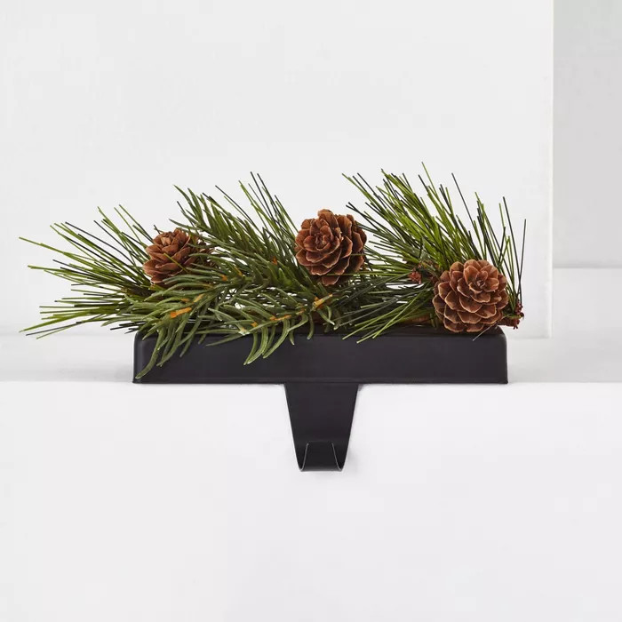 Greenery Stocking Holder with Pinecones Black Base with Nail head Hook - Wondershop™ | Target