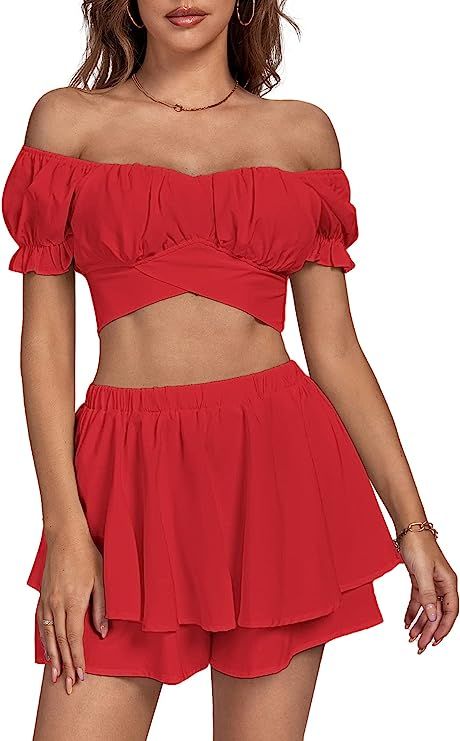 Umenlele Women's 2 Piece Outfits Off Shoulder Tie Back Crop Top and Layered Skirt Set | Amazon (US)