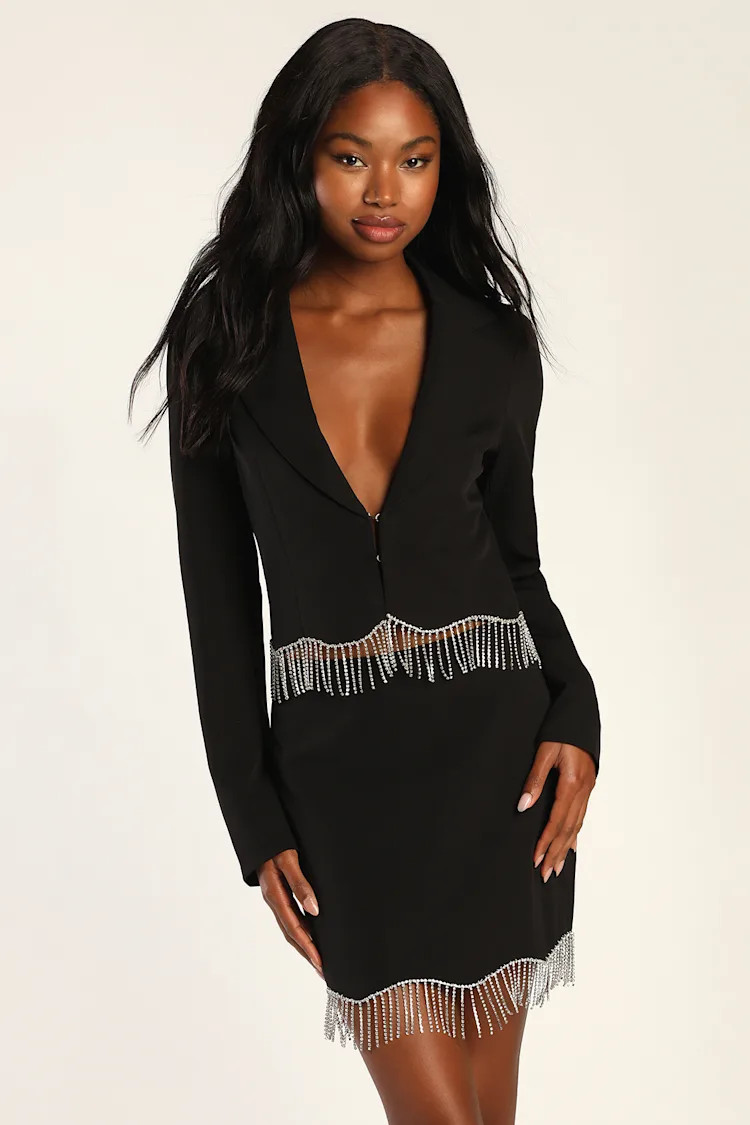 Dressed Up Diva Black Cropped Rhinestone Fringe Blazer | Lulus (US)