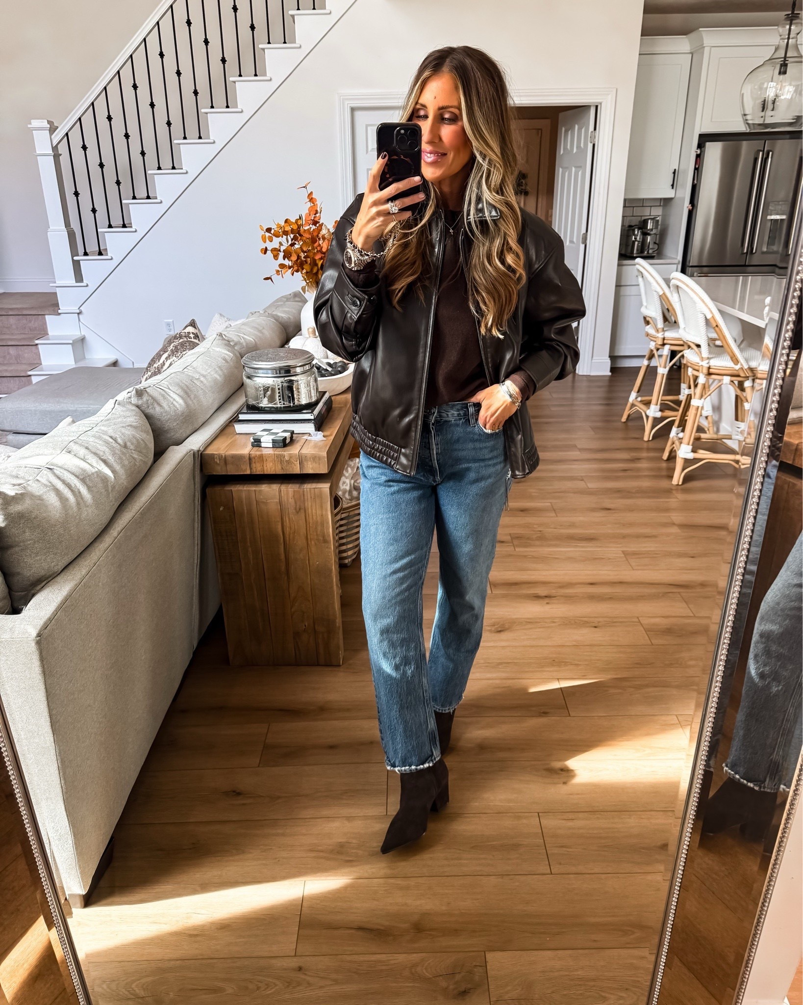 I love this brown leather bomber jacket! It is the coolest, cool girl, oversized faux leather jacket. Themominstylee

#LTKootd #LTKmomlife #LTKSeasonal