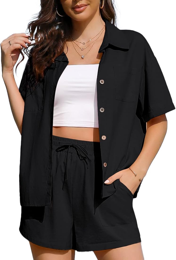 Dulayoo 100% Cotton Two Piece Outfits for Women Summer Linen Shirts and Drawstring Shorts Set Cas... | Amazon (US)